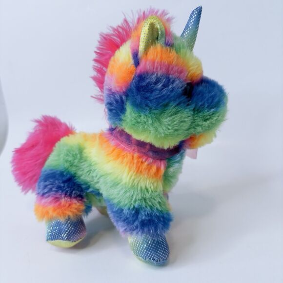MTY International Rainbow Striped Unicorn Plush w/Pink sparkle Eyes Stuffed - Picture 14 of 14